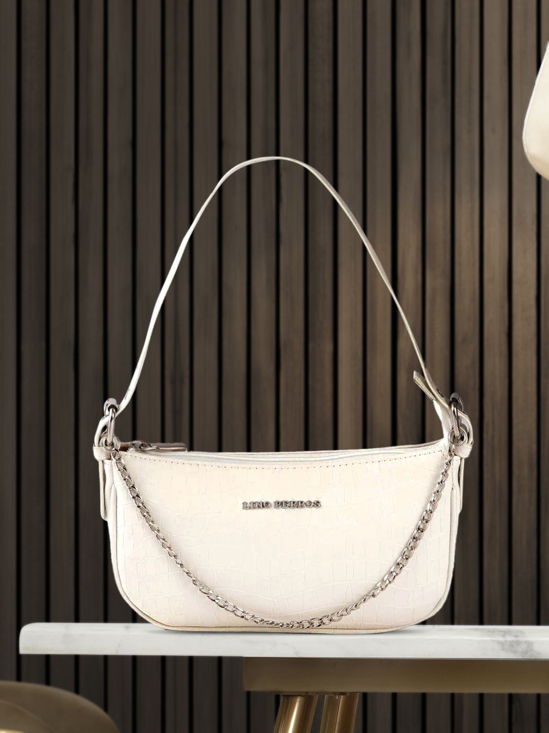Lino Perros White Croc Textured Baguette Bag