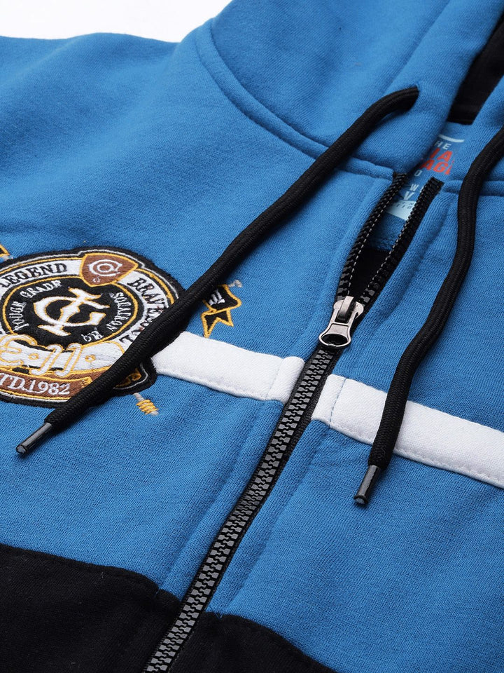 The Indian Garage Co Men Blue Colourblocked Hooded Sweatshirt