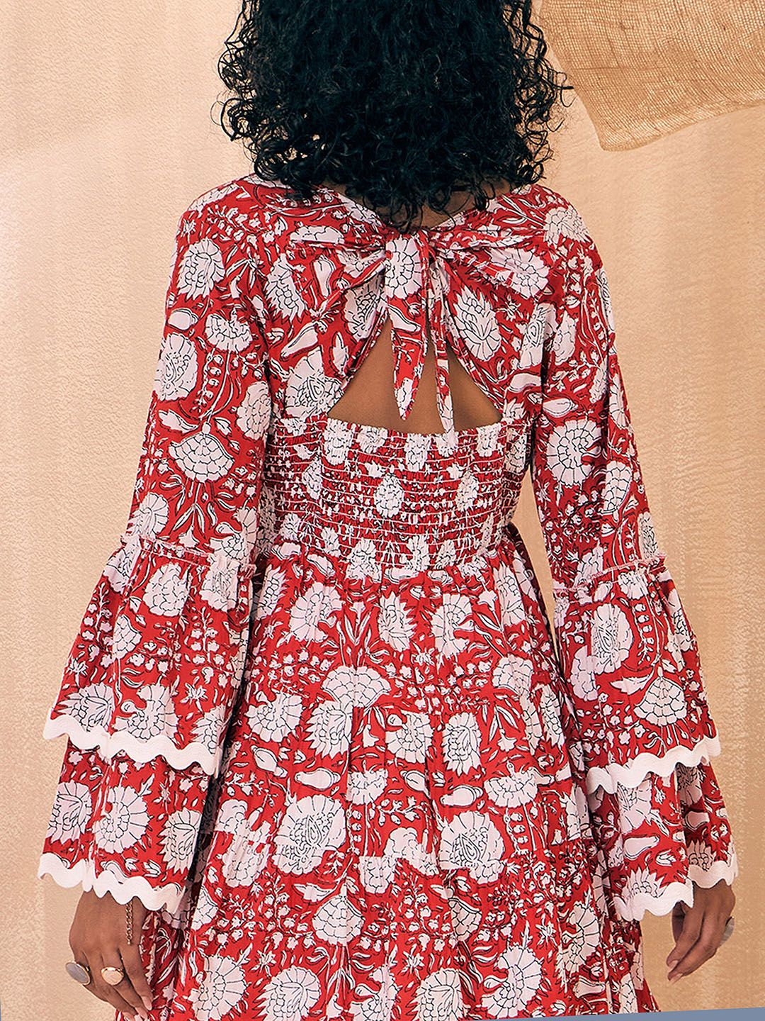Pink Paprika by SASSAFRAS Floral Printed Flared Sleeve Cotton Smocked Fit & Flare Dress