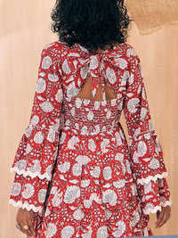 Pink Paprika by SASSAFRAS Floral Printed Flared Sleeve Cotton Smocked Fit & Flare Dress