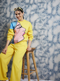 Athena Yellow Graphic Printed Drop Shoulder Sleeves Fleece Pullover