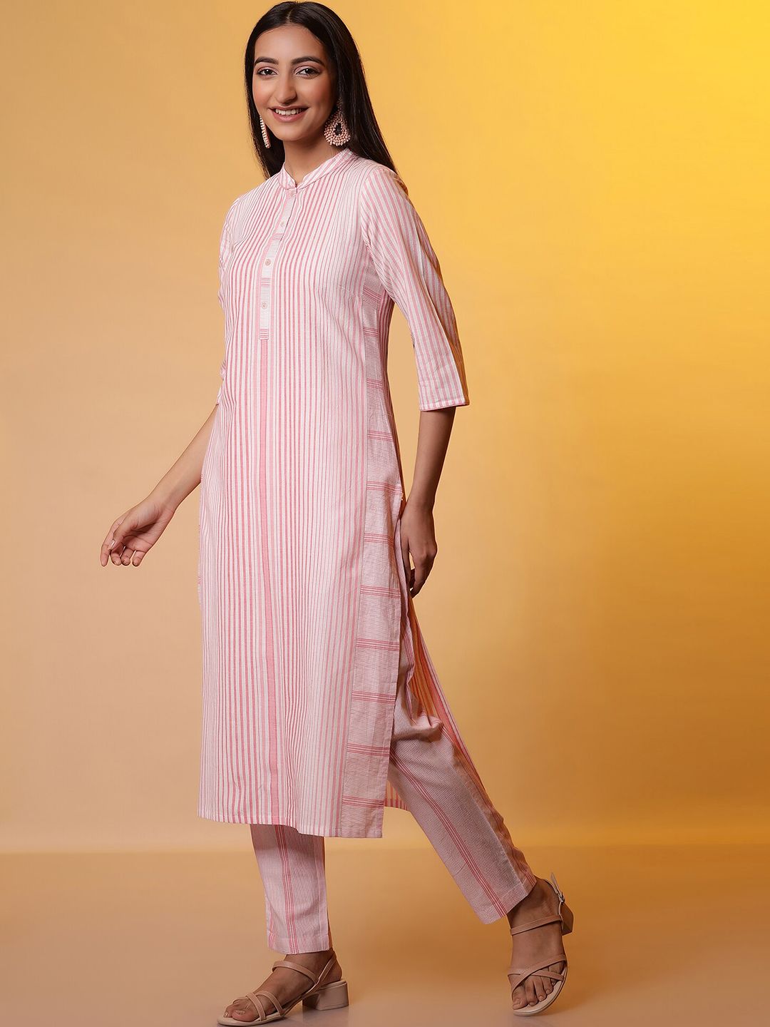 AURELIA Striped Band Collar Regular Pure Cotton Straight Kurta with Trousers