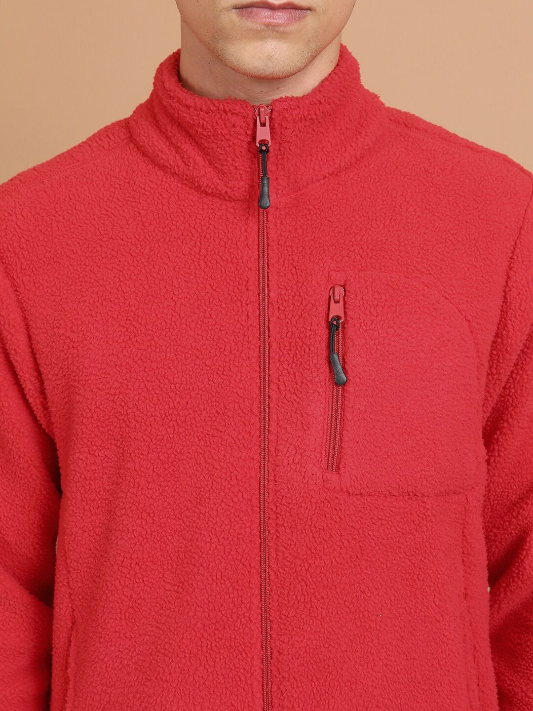 HIGHLANDER Red Mock Collar Front-Open Sweatshirt