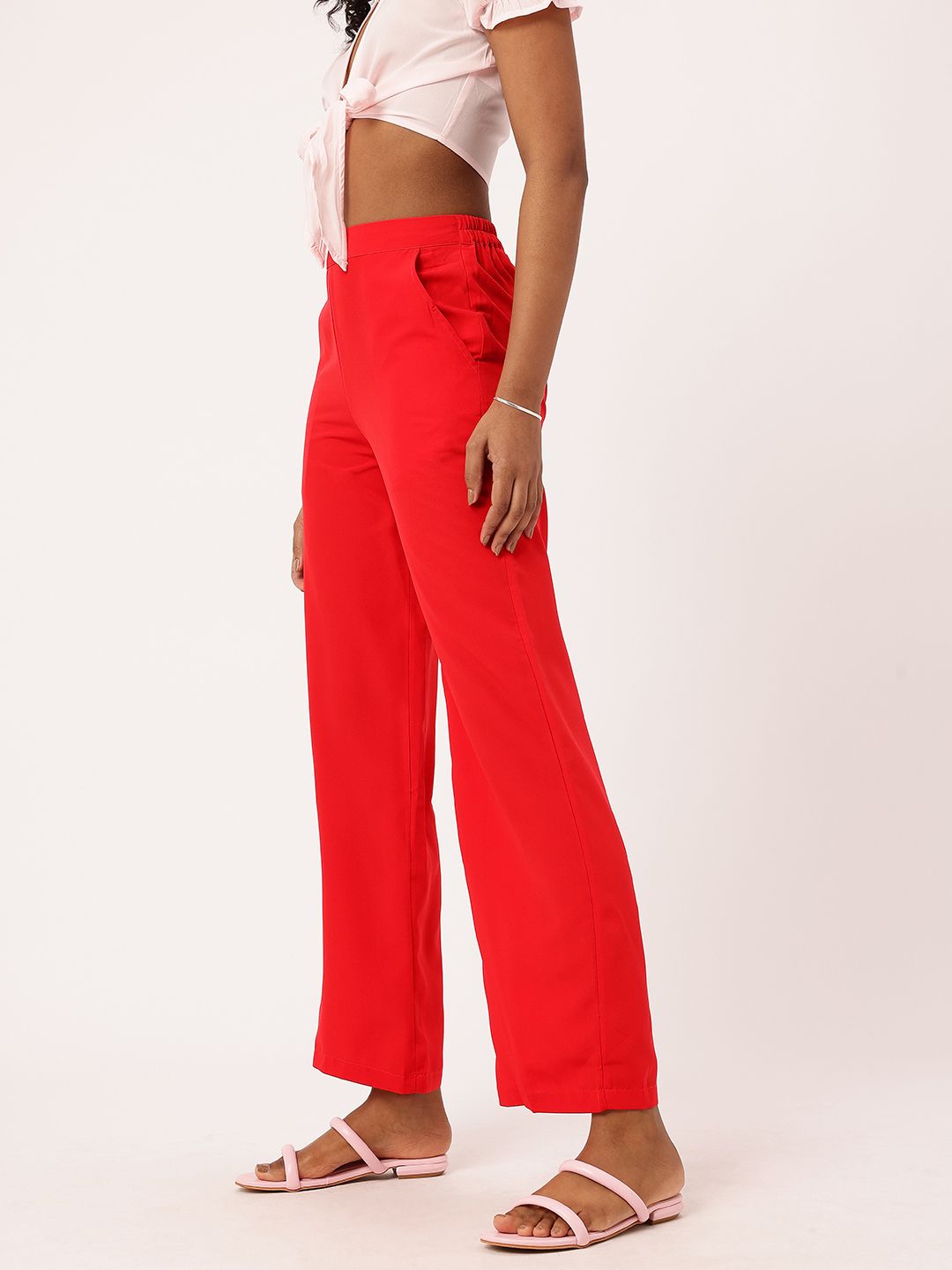 DressBerry Women Cherry Red Smart Staple Parallel Trousers