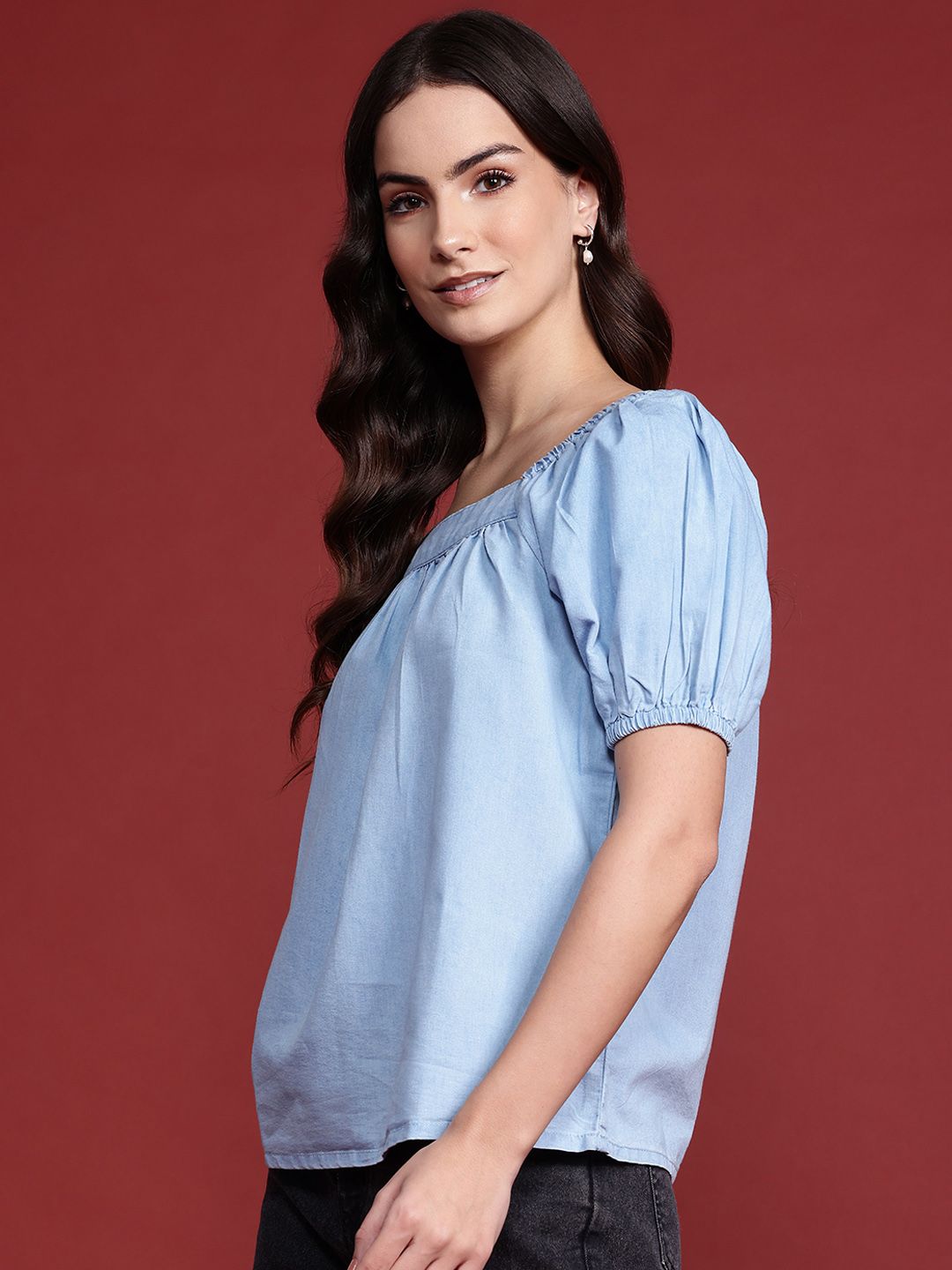 all about you Puff Sleeve Cotton Chambray Boxy Top