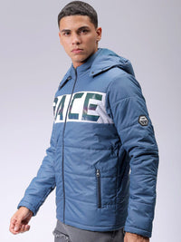The Indian Garage Co Men Blue Reflective Print Detachable Hood Padded Jacket
