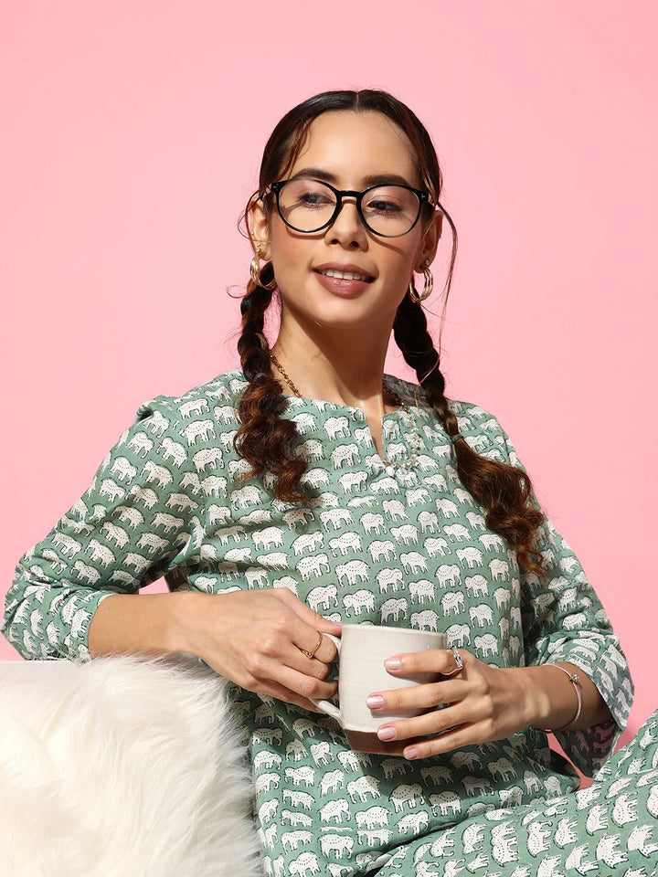 SANSKRUTIHOMES Women Green & White Printed Pure Cotton Top With Trousers