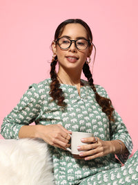 SANSKRUTIHOMES Women Green & White Printed Pure Cotton Top With Trousers