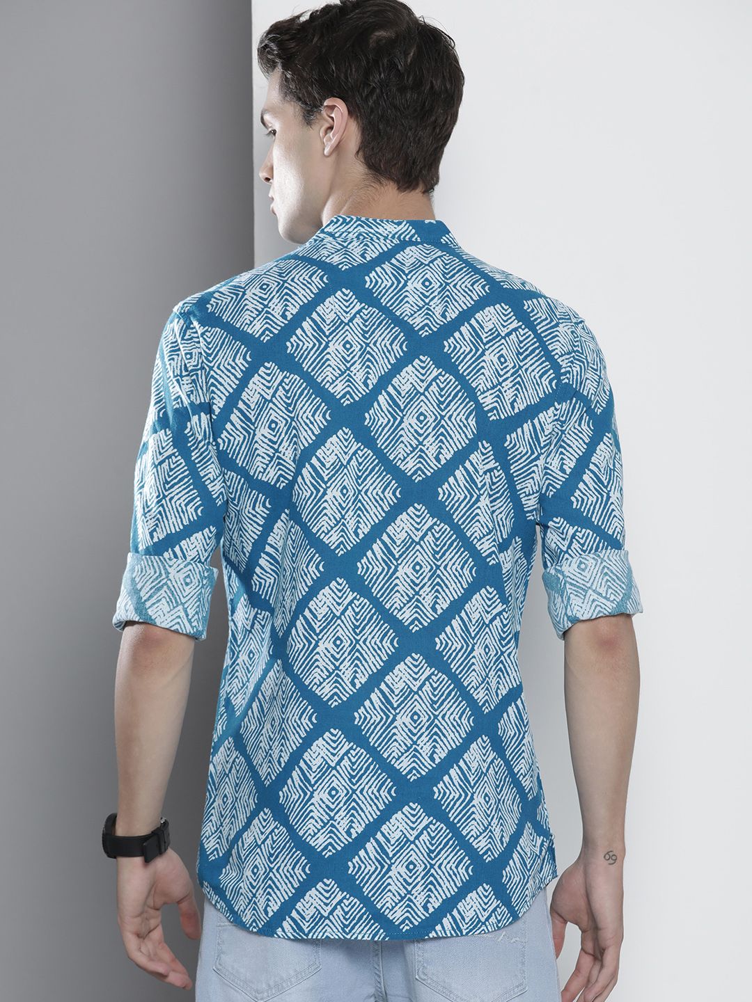 The Indian Garage Co Men Blue Printed Band Collar Cotton Casual Shirt