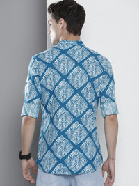 The Indian Garage Co Men Blue Printed Band Collar Cotton Casual Shirt