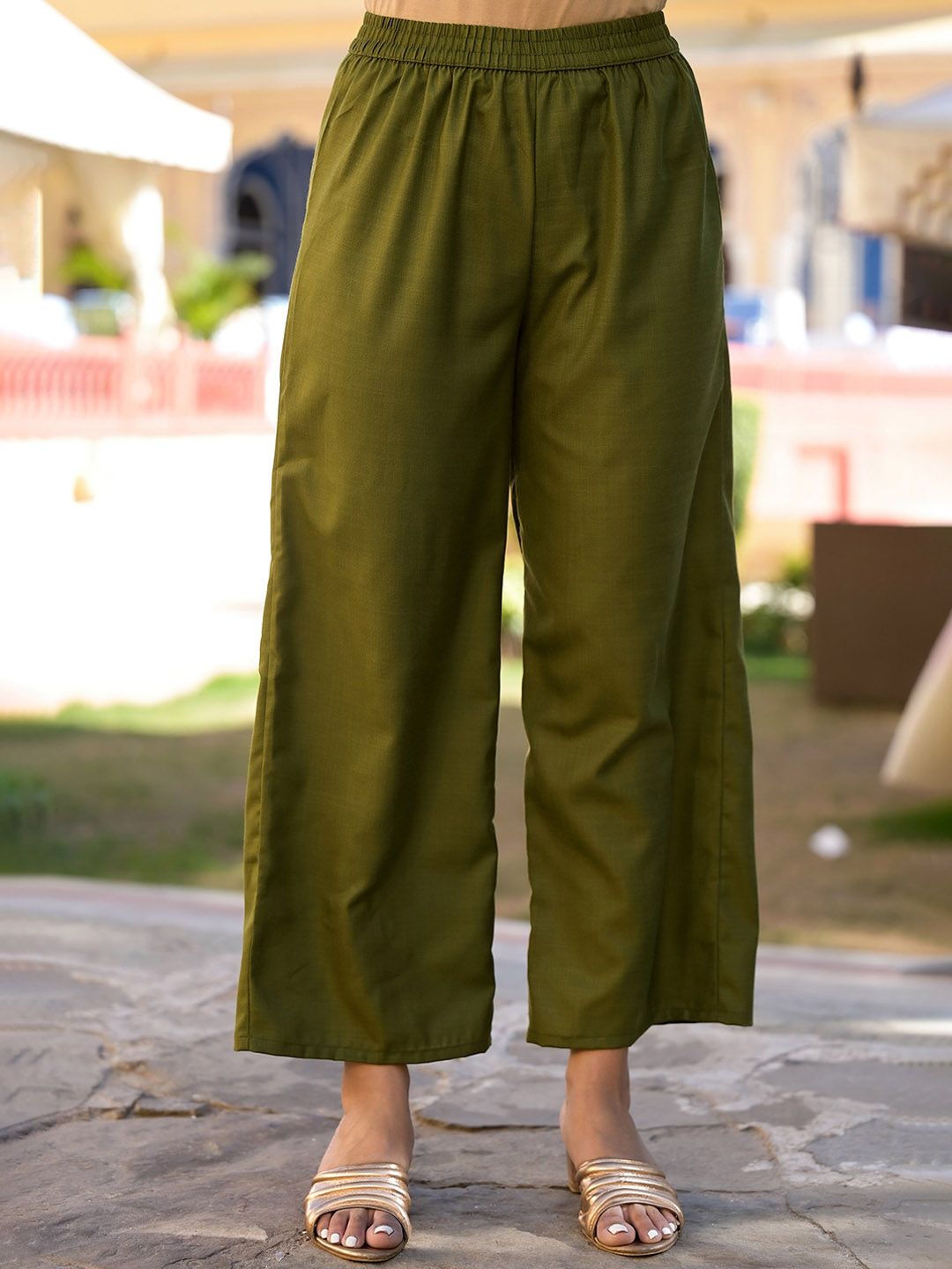 Vishudh Green & Gold Toned Round Neck Embellished Straight Kurta & Palazzos With Dupatta