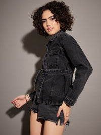 SASSAFRAS Black Washed Spread Collar Denim Jacket