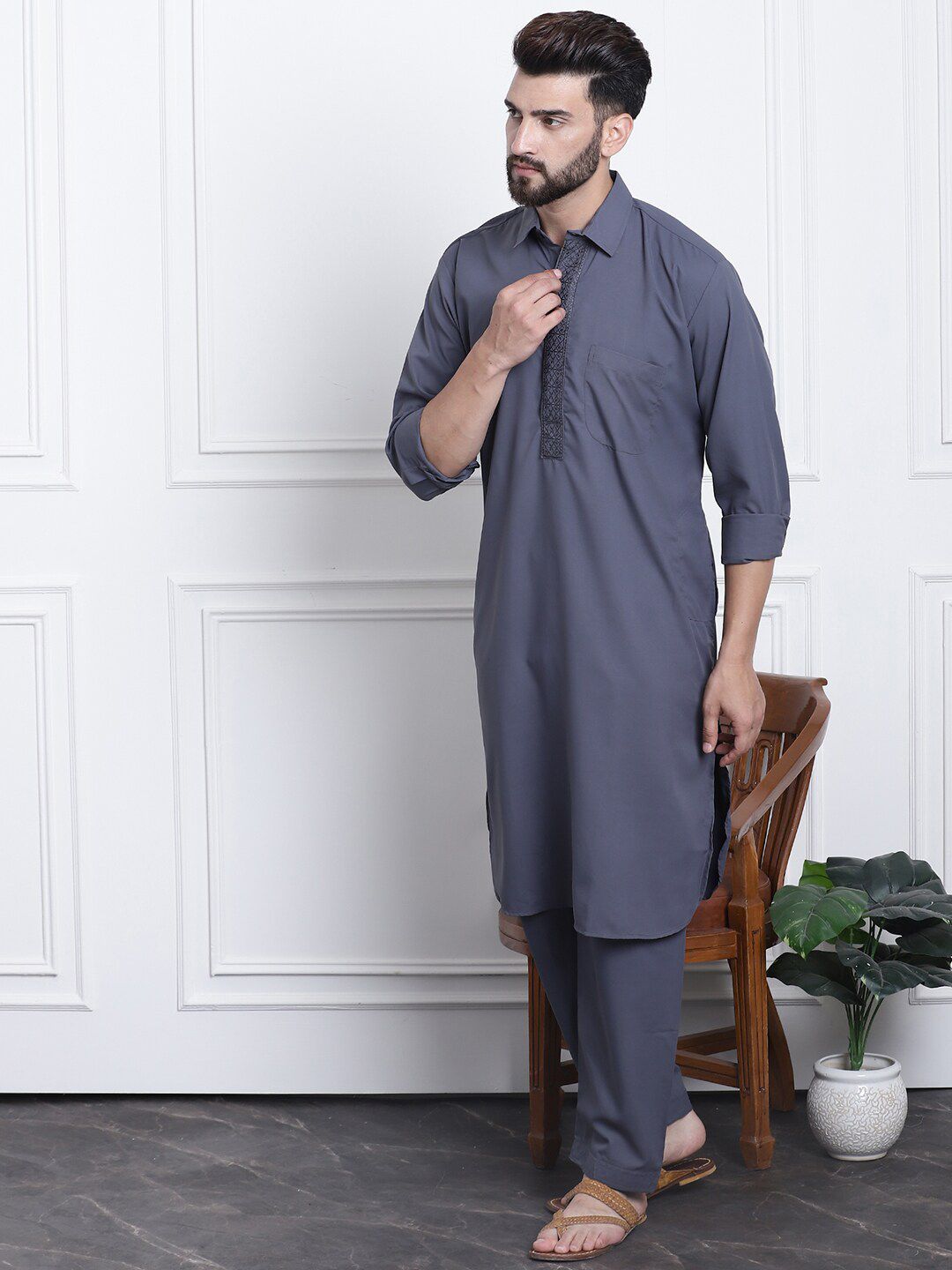 SOJANYA Shirt Collar Thread Work Pathani Pure Cotton Kurta with Salwar