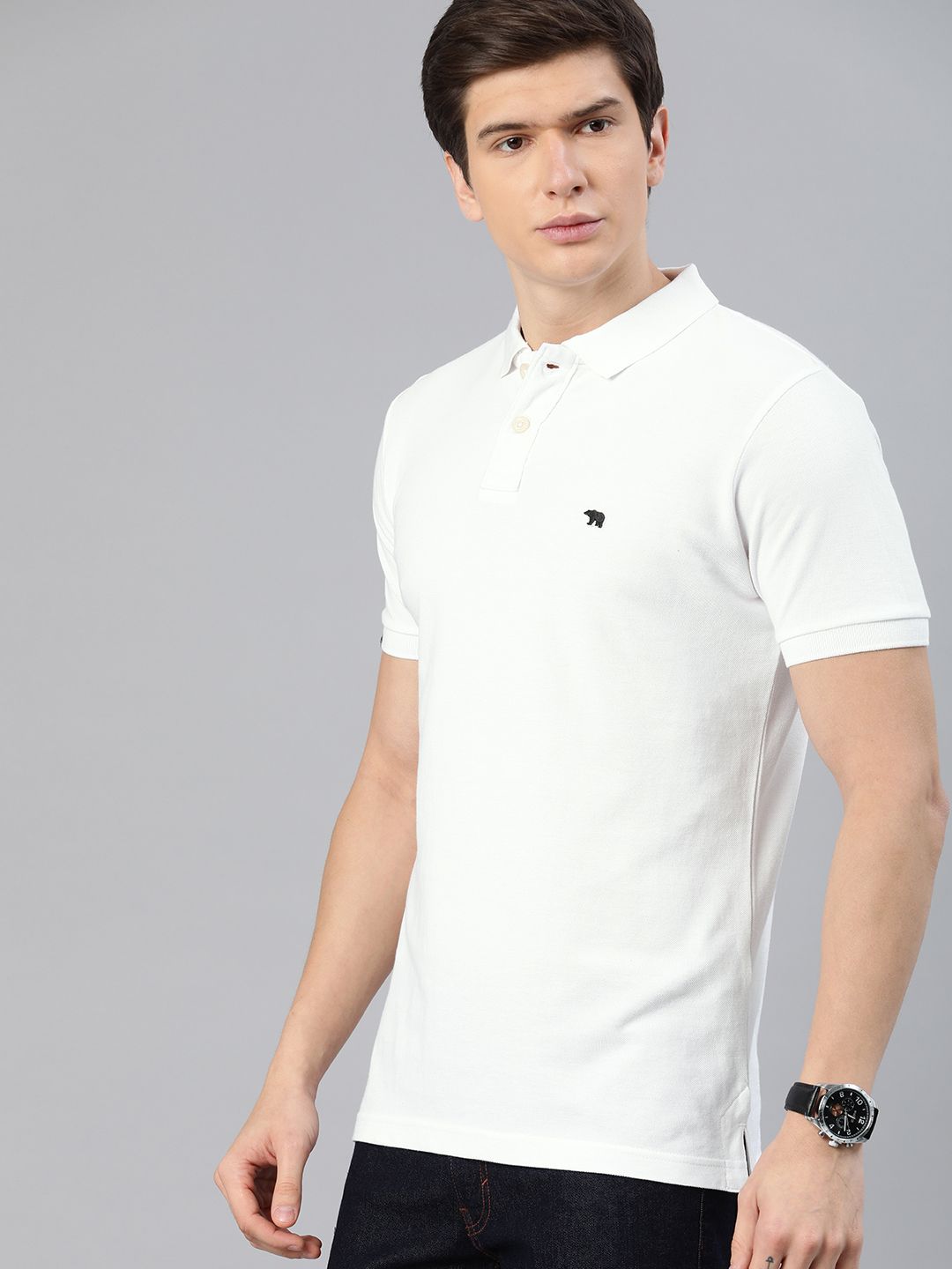THE BEAR HOUSE Men White Solid Slim Fit Polo Collar Pure Cotton T-shirt