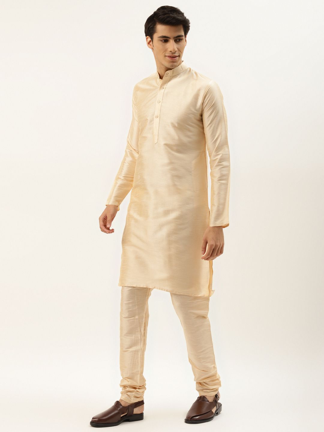SOJANYA Men Golden Thread Work Kurta with Churidar & Nehru Jacket