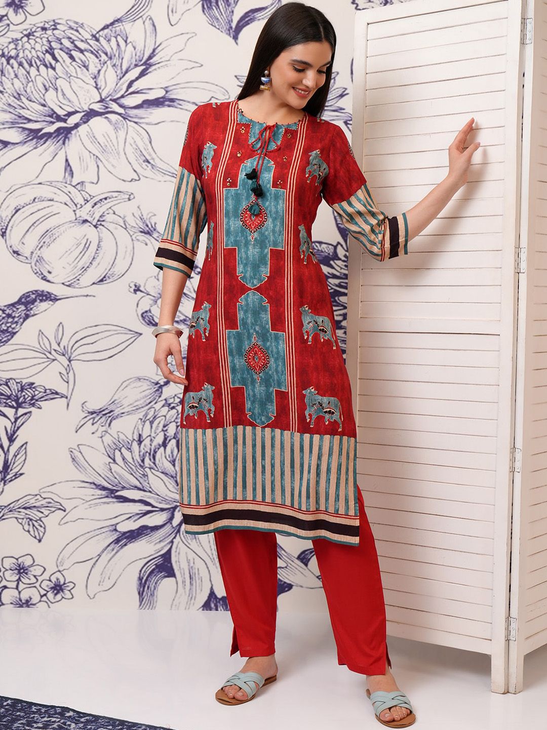 Vishudh Ethnic Motifs Printed Tie-Up Neck Sequinned Straight Kurta with Trousers