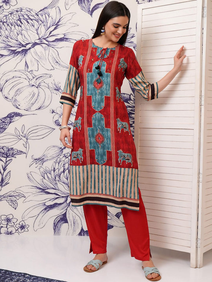 Vishudh Ethnic Motifs Printed Tie-Up Neck Sequinned Straight Kurta with Trousers