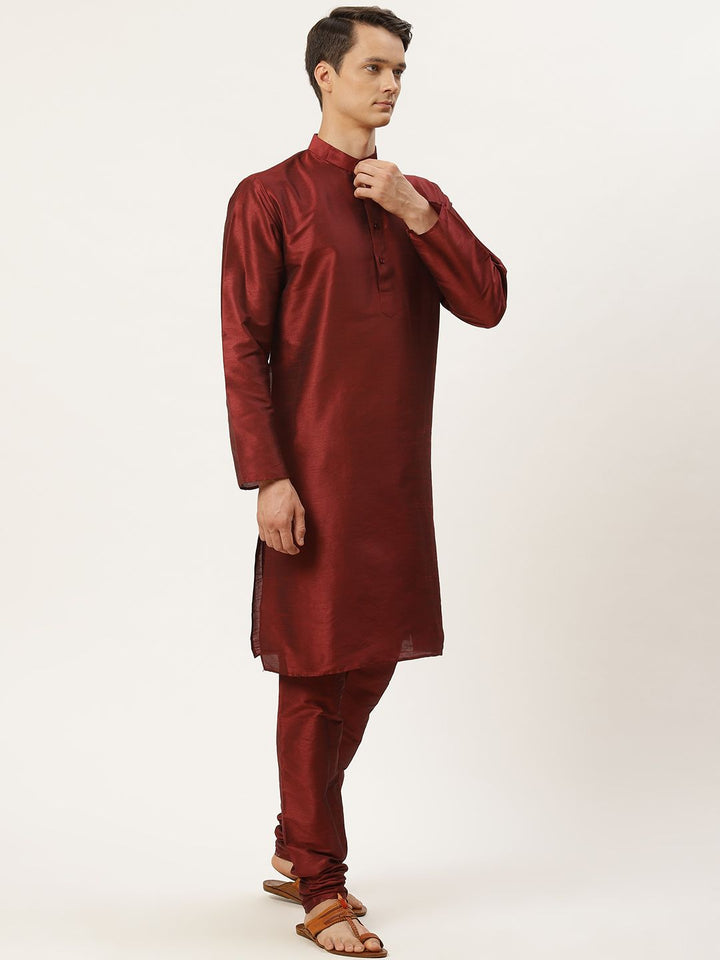 SOJANYA Men Maroon & Pink Solid Kurta with Churidar & Ethnic Jacket