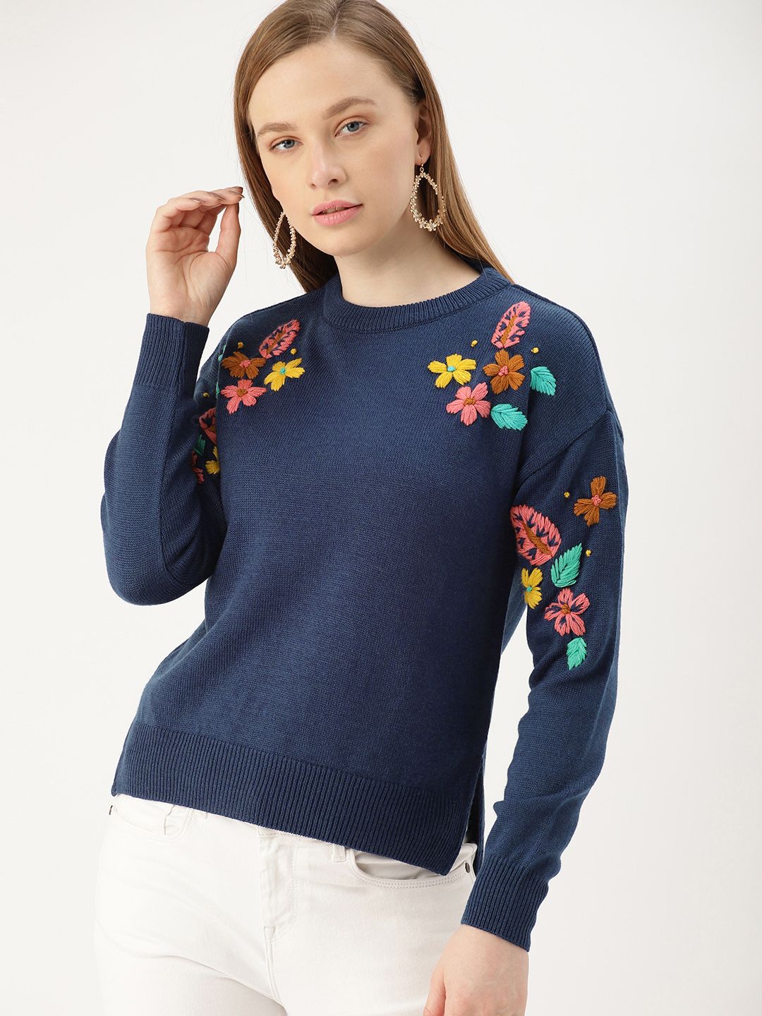 DressBerry Women Navy Blue Embroidered Pullover Sweater