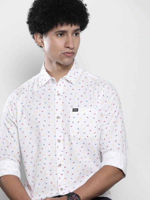 The Indian Garage Co Men White & Red Printed Pure Cotton Casual Shirt