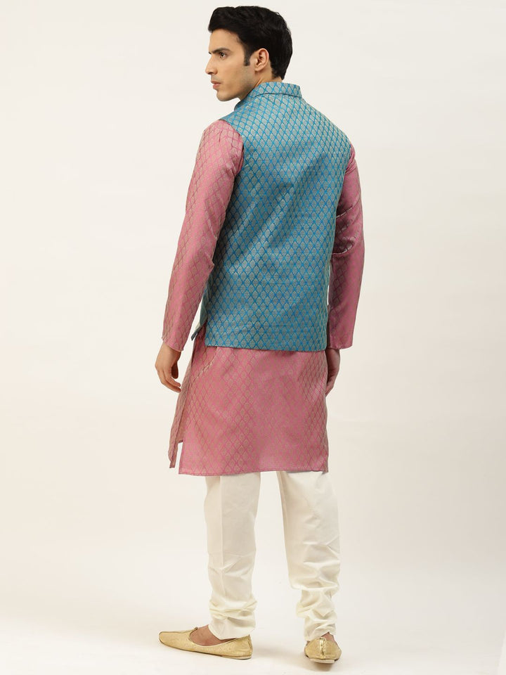 SOJANYA Kurta Rekaan Diri Lelaki Pink & Golden dengan Jaket Churidar & Nehru