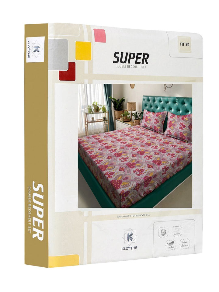 KLOTTHE Pink & Red Printed 300 TC Double King Dilengkapi Cadar Dengan 2 Sarung Bantal