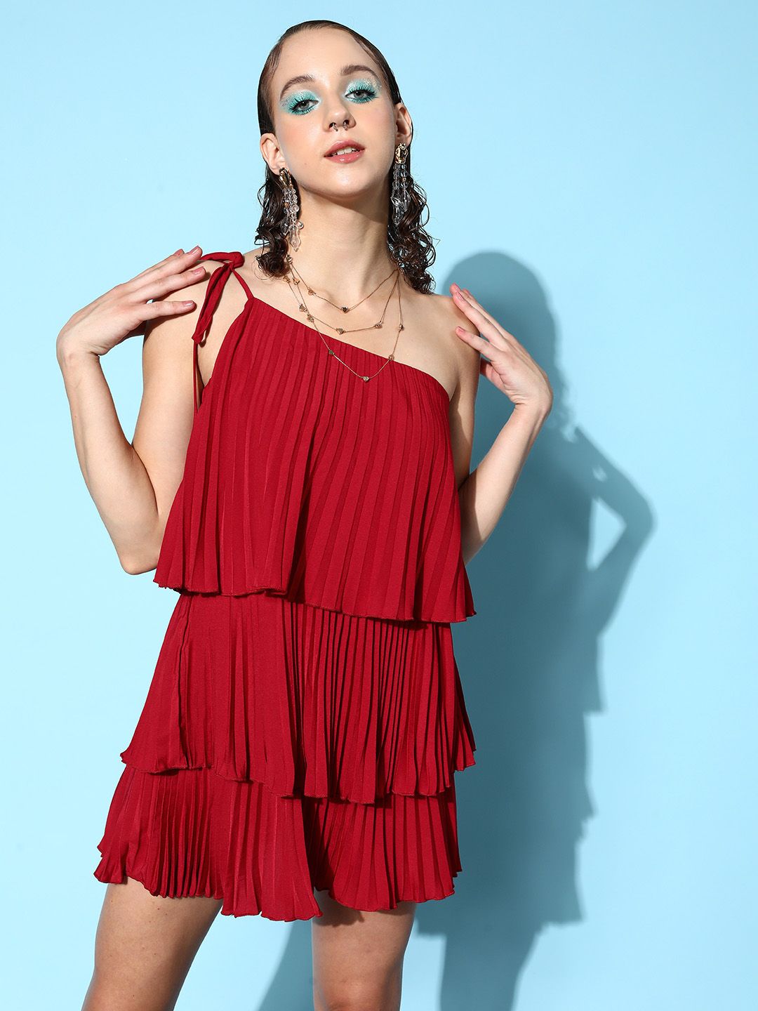Berrylush Women Lovely Red Solid Ruffled Dress