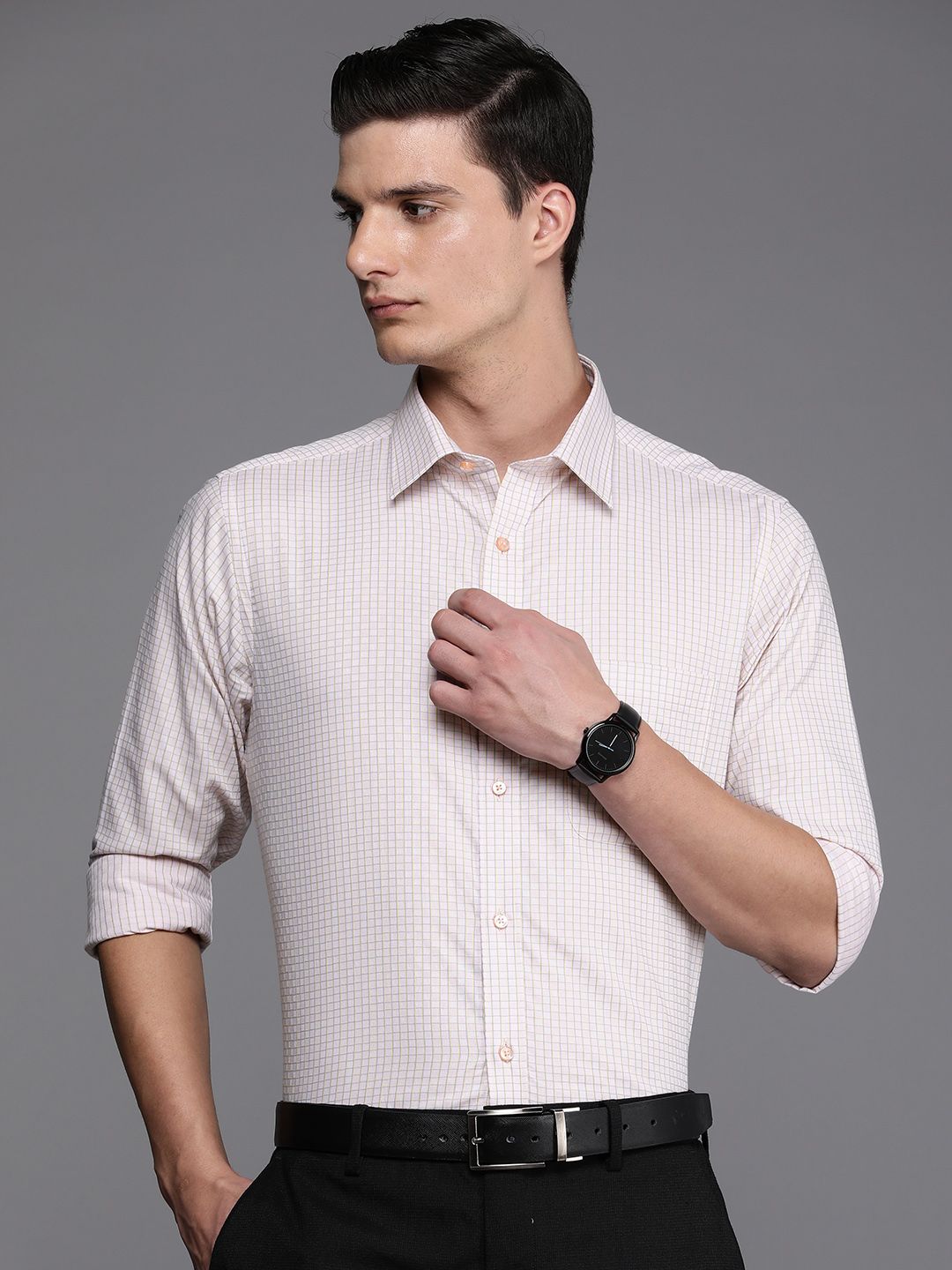 Raymond Slim Fit Grid Tattersall Checked Pure Cotton Formal Shirt