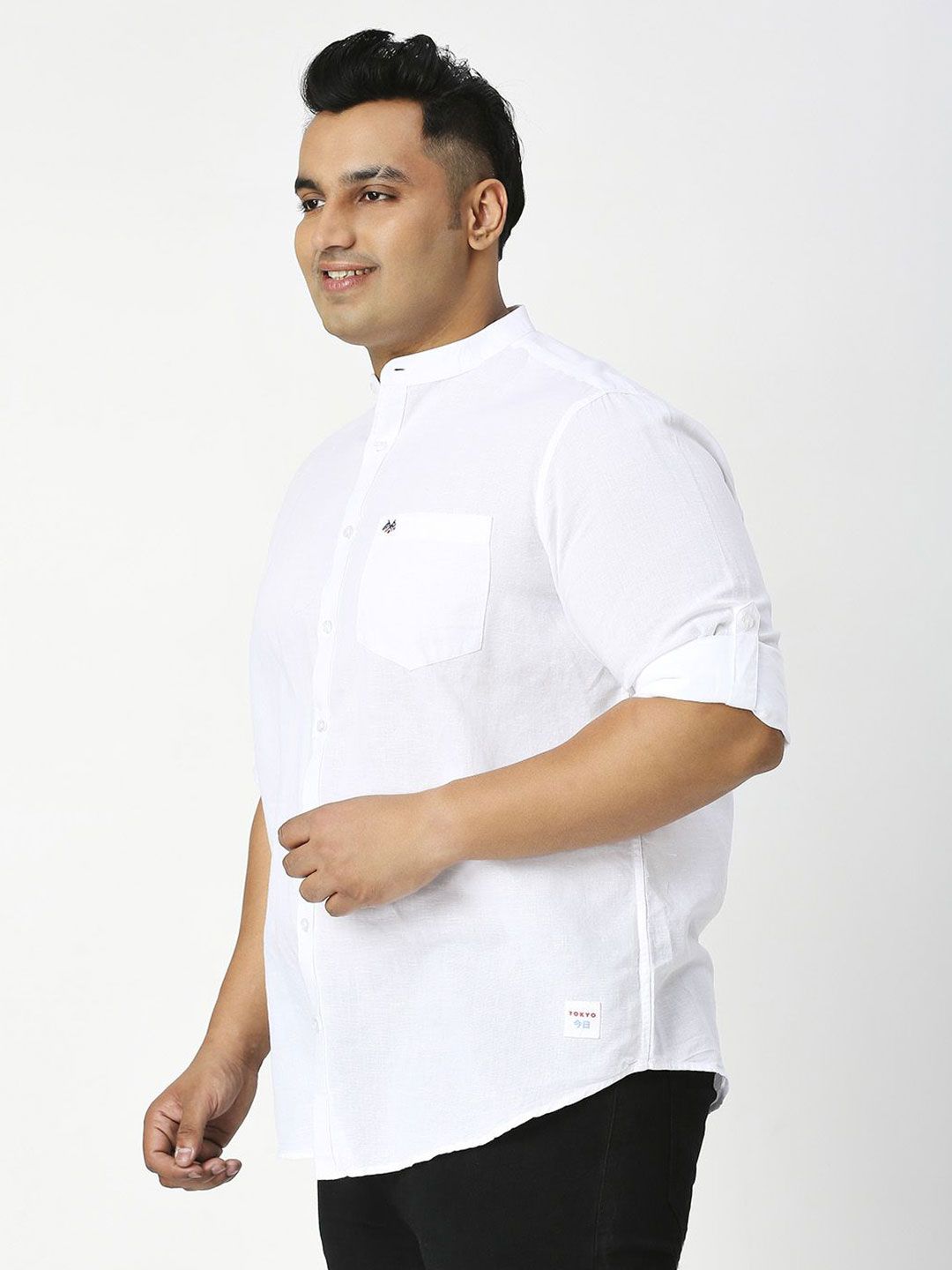 Thomas Scott Plus Size Premium Mandarin Collar Roll-Up Sleeves Cotton Linen Casual Shirt