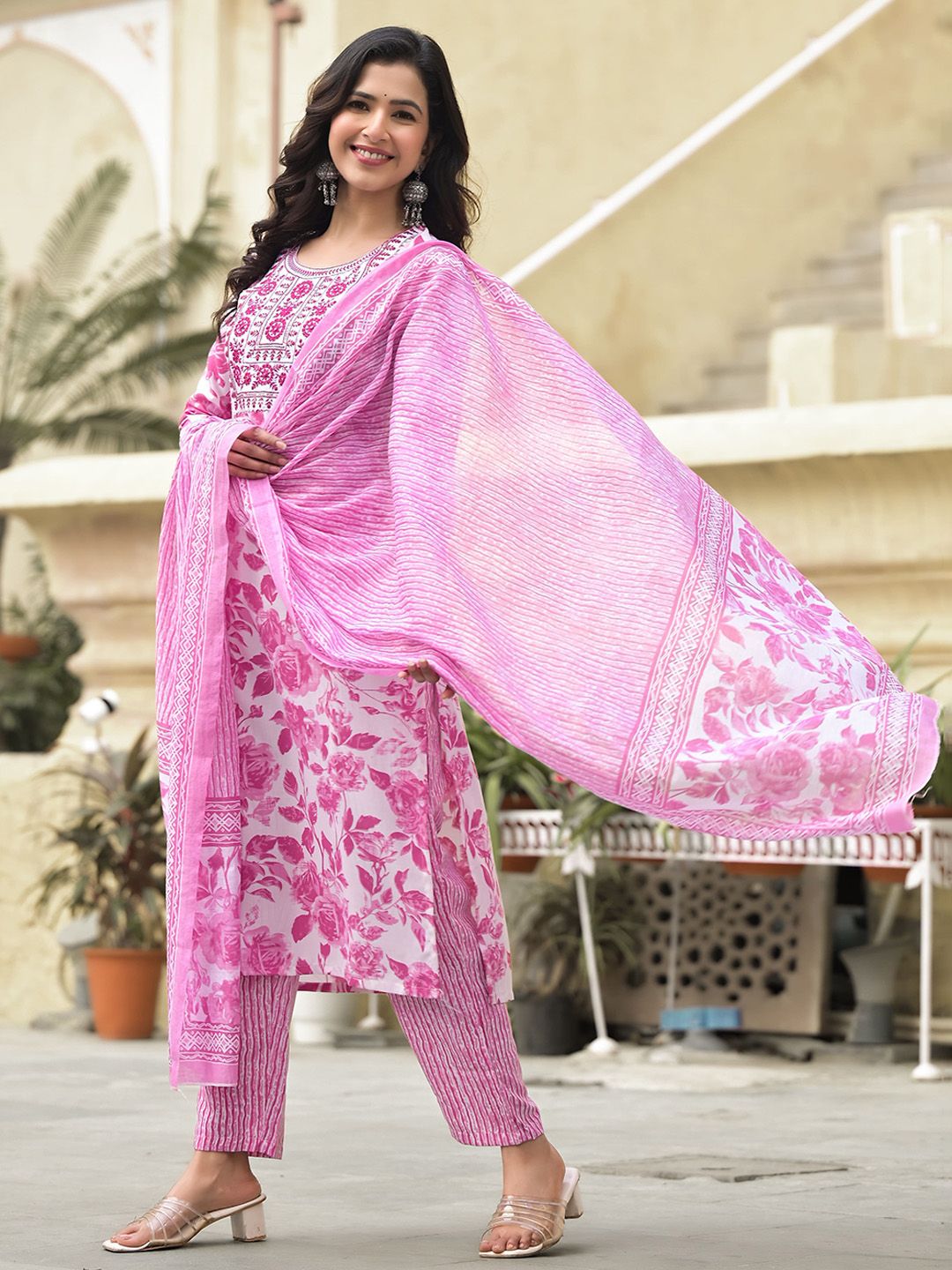 KALINI Floral Printed Regular Thread Work Kurta With Trousers & Dupatta