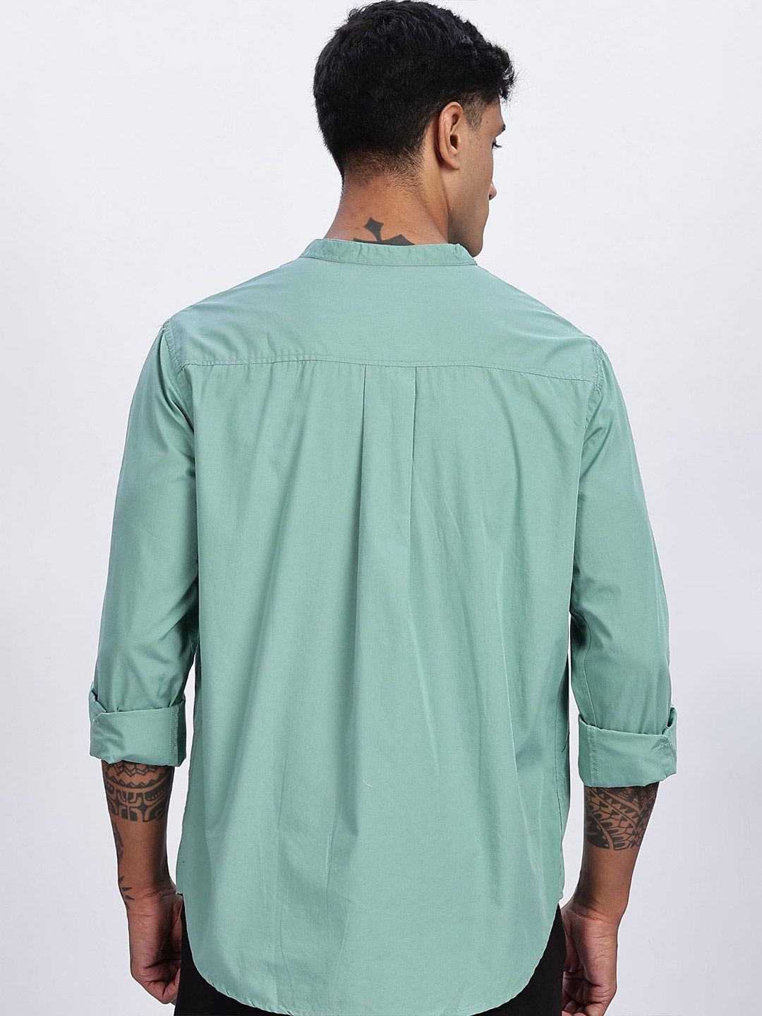 Eszett Long Sleeves Mandarin Collar Opaque Pure Cotton Regular Fit Casual Shirt