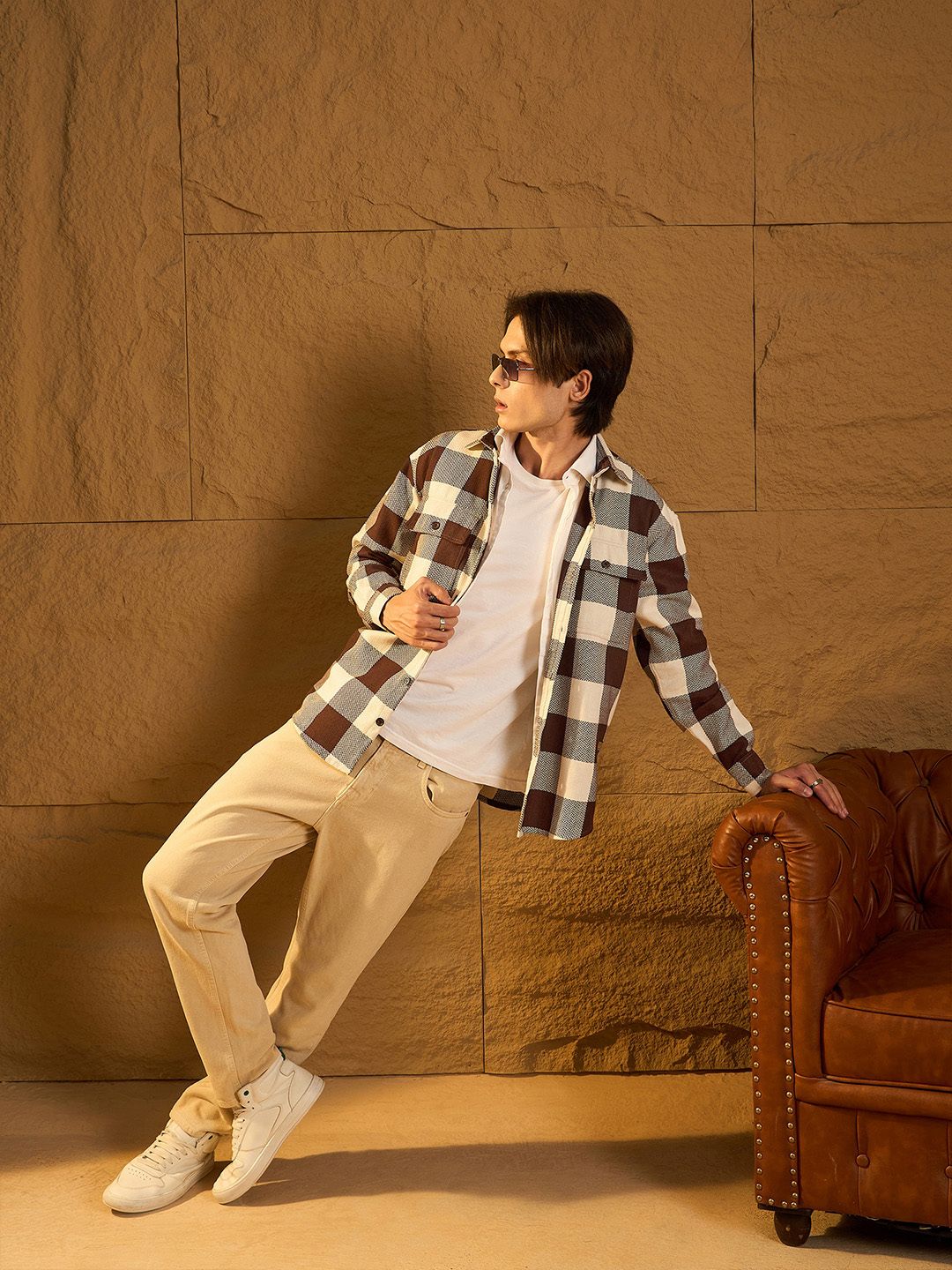 DENNISON Men Double Pocket Drop Shoulder Oversized Cotton Checked Shacket