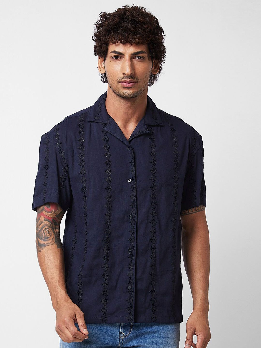 SPYKAR Floral Embroidered Cuban Collar Cotton Casual Shirt