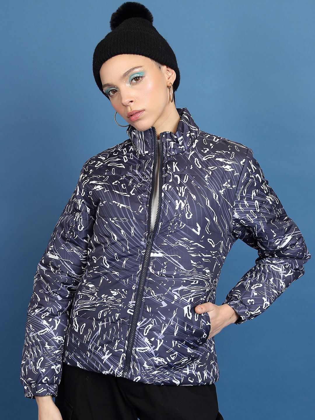 Tokyo Talkies Printed Mock Collar Puffer Jacket
