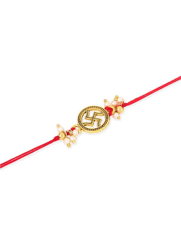 NVR Unisex Set of 2 Pearls Swastik Desgin Thread Rakhi with Roli Chawal Chandan Mishri