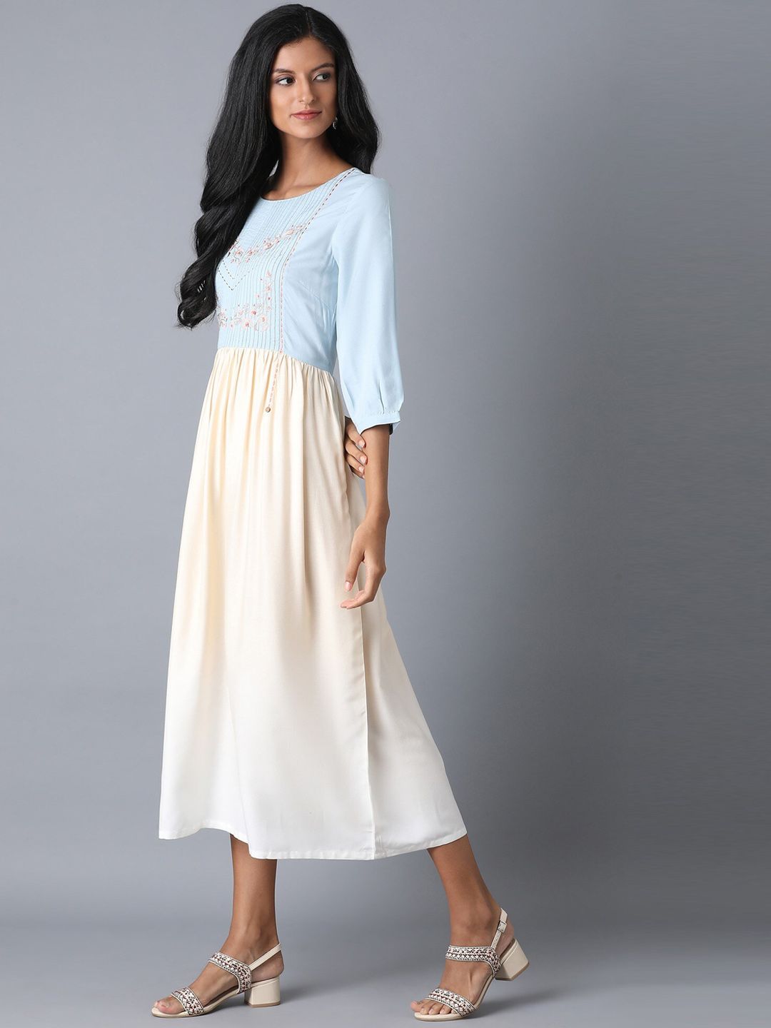 W Women Blue Colourblocked Fit and Flare Dress