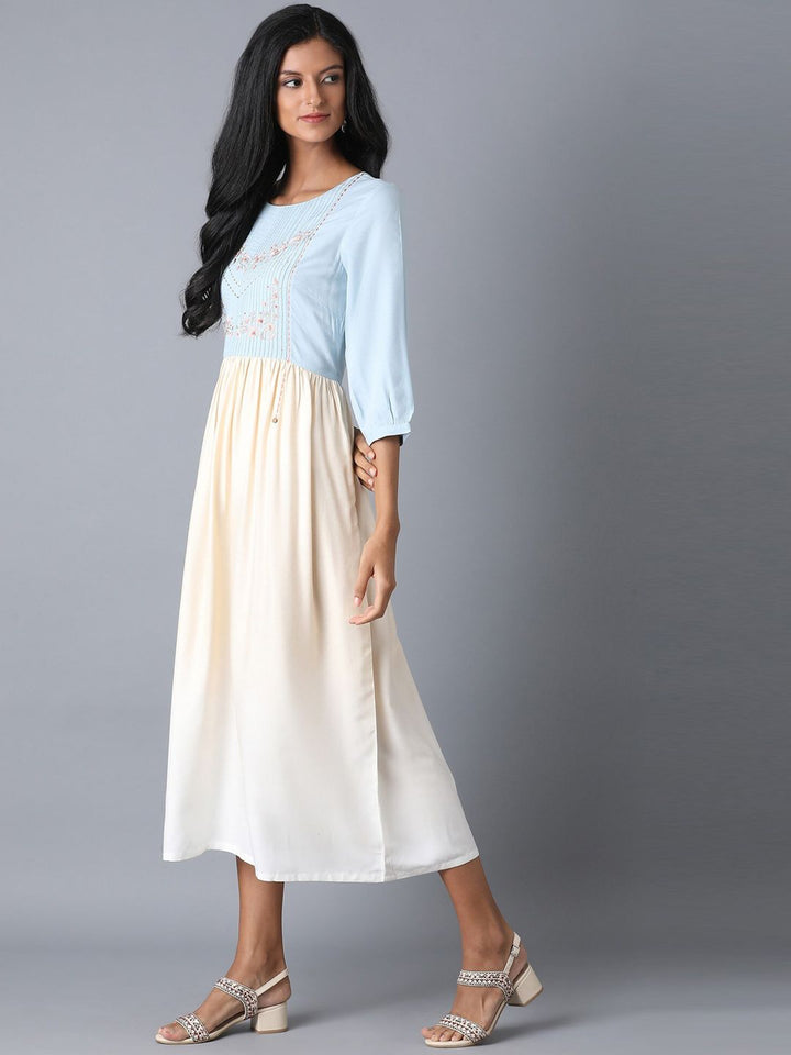 W Women Blue Colourblocked Fit and Flare Dress
