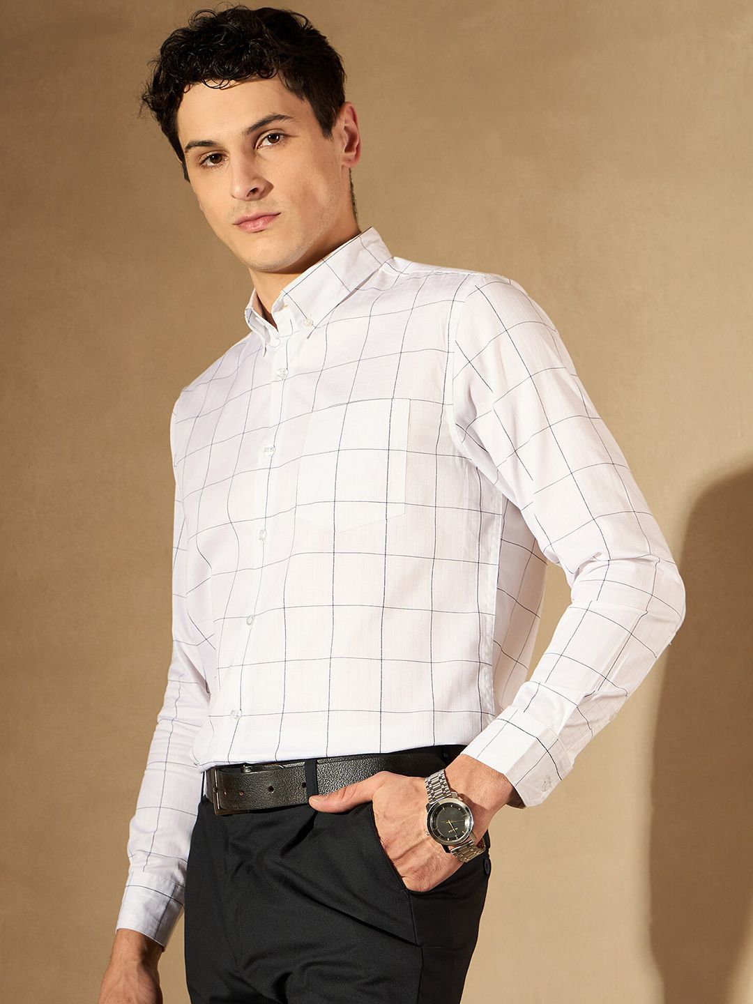 DENNISON Windowpane Checked Button-Down Collar Smart Cotton Formal Shirt