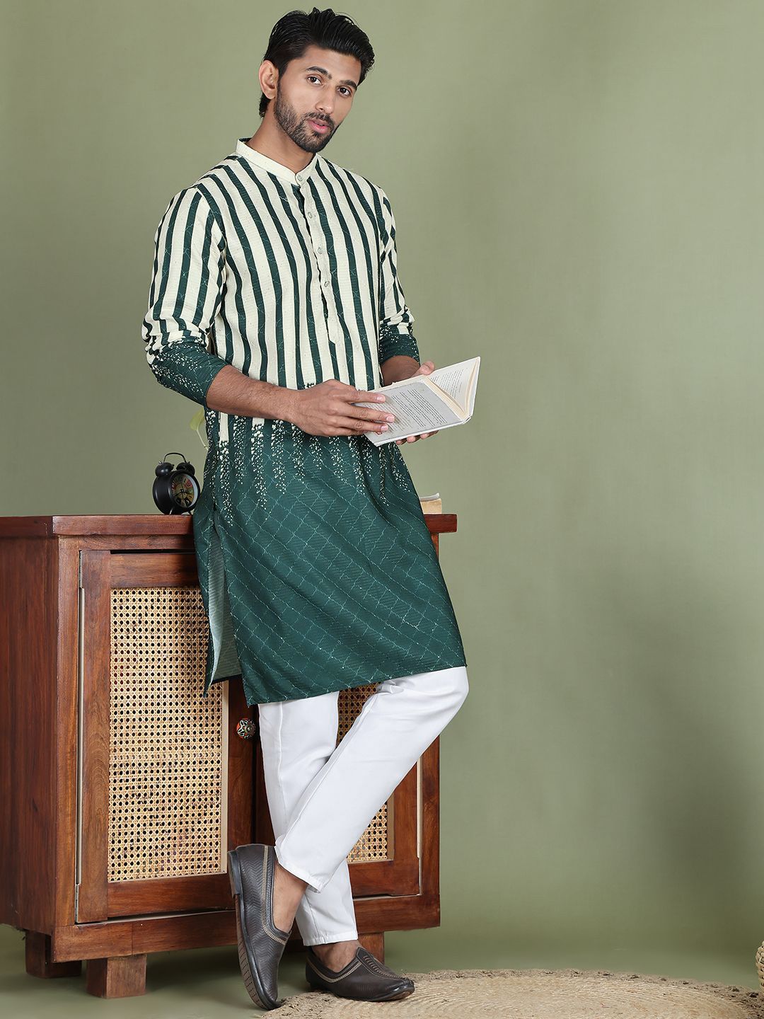 Jompers Striped Printed Band Collar Straight Kurta With Trouser