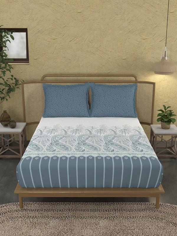MYTRIDENT Blue & White Ethnic Motifs Cotton 144 TC King Bedsheet With 2 Pillow Covers