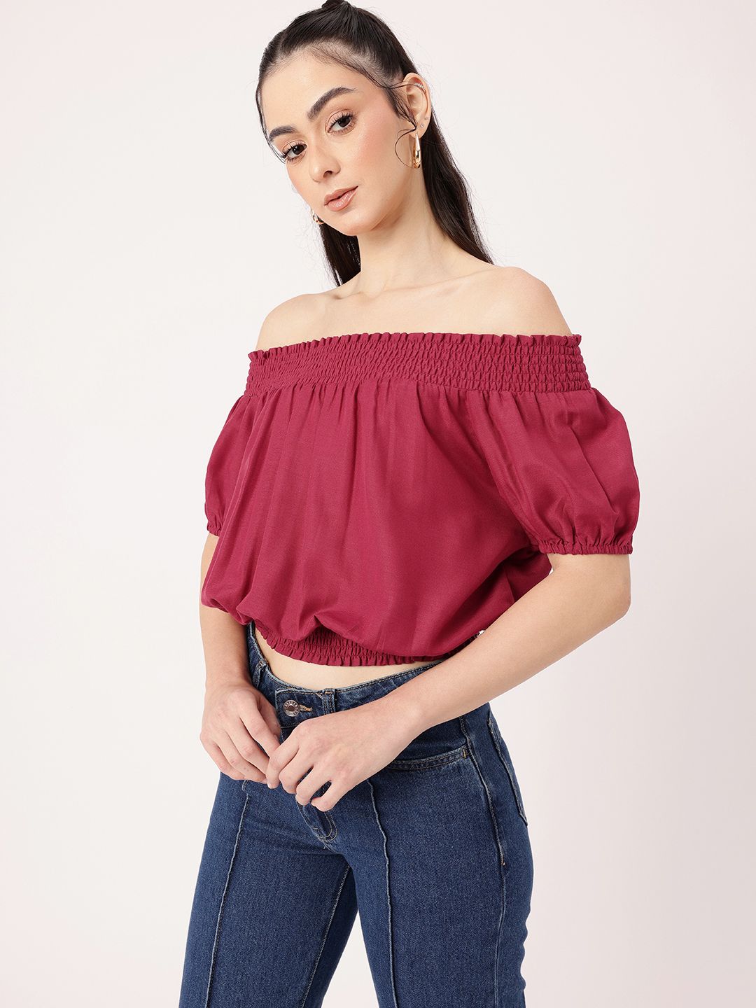 DressBerry Boho Chic Off Shoulder Smocked Blouson Crop Top