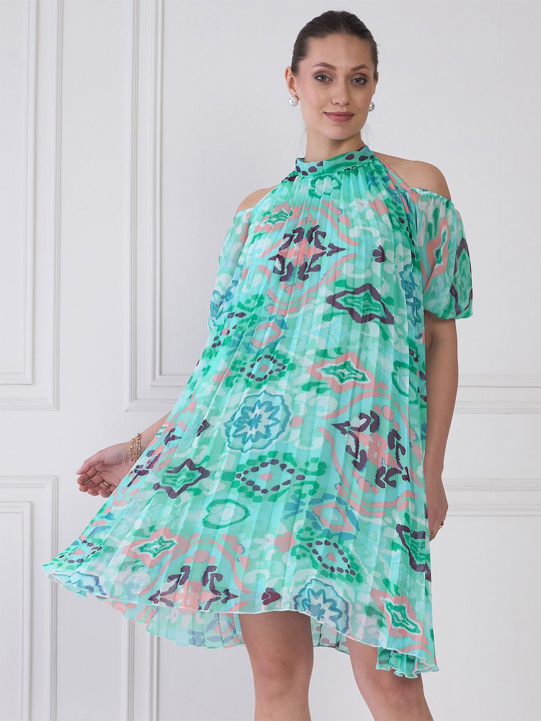 Antheaa Sea Blue Floral Print Halter Neck Pleated A-Line Dress