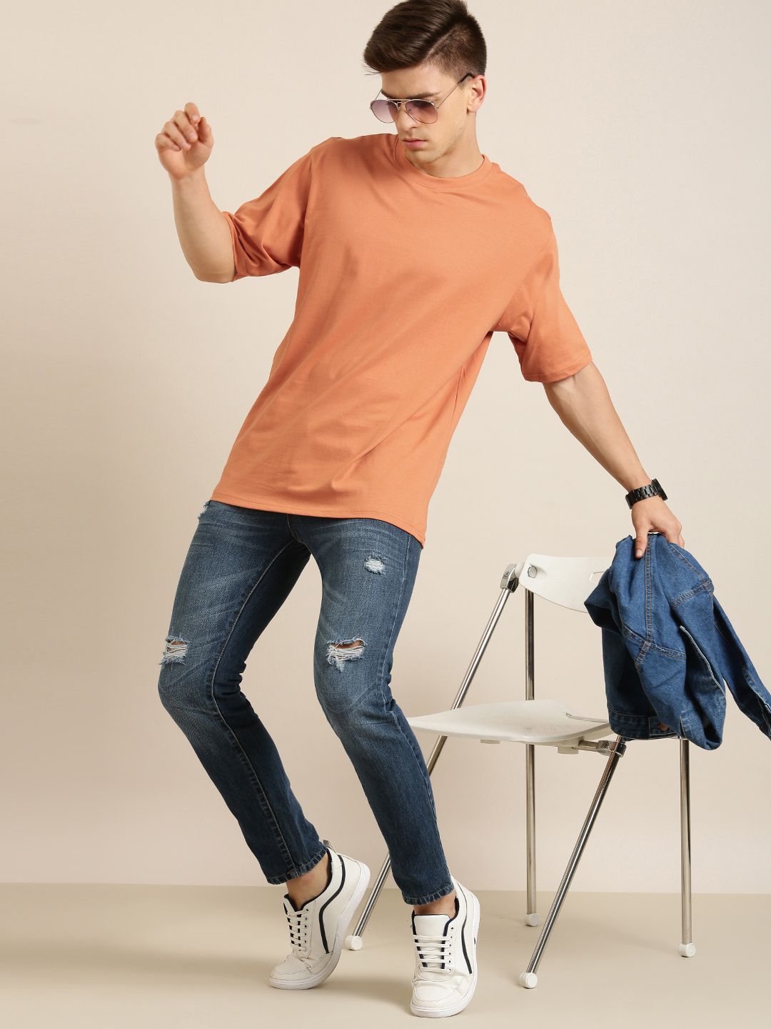 DILLINGER Men Orange Solid Pure Cotton Drop-Shoulder Sleeves Oversized Fit T-shirt