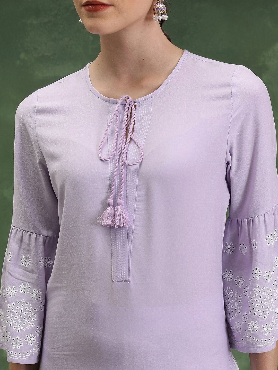 Vishudh Printed Tie-Up Neck Bell Sleeves Short Kurta
