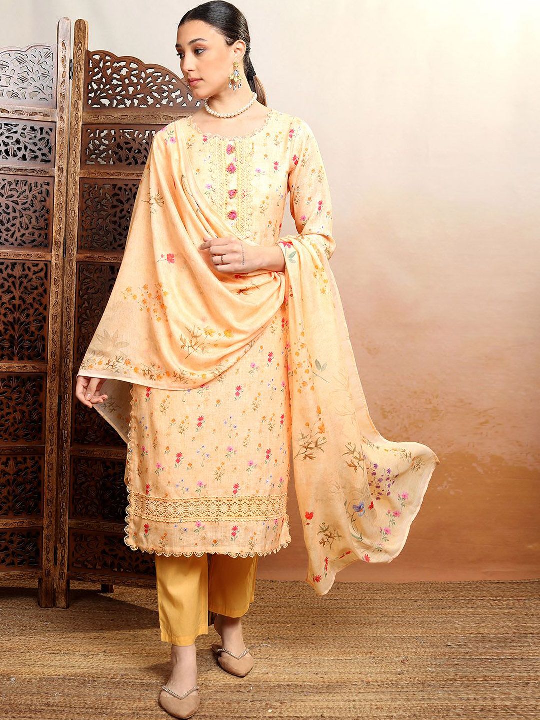 Vishudh Orange Printed Thread Work Pure Cotton Straight Kurta WithTrousers & Dupatta