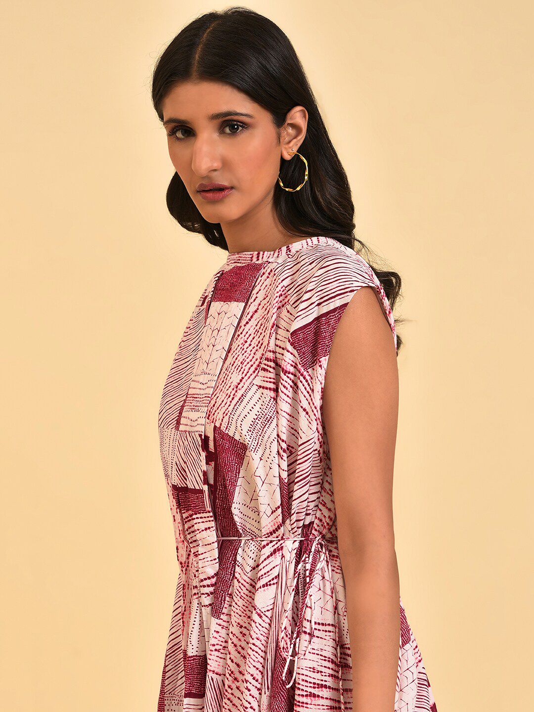 W Red Abstract Printed Extended Sleeves Cotton Fit & Flare Midi Ethnic Dress