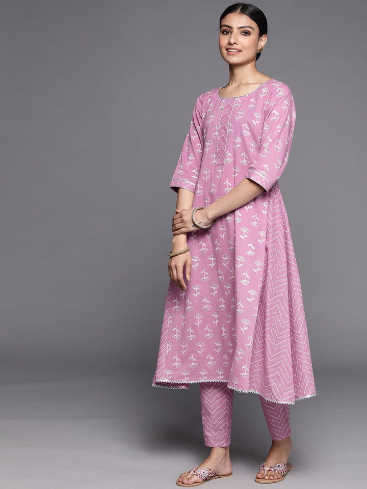Libas Women Lavender Floral Printed Pure Cotton Kurta with Trousers & With Dupatta
