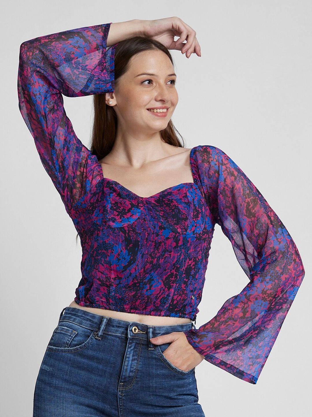 SPYKAR Abstract Printed Sweetheart Neck Bell Sleeves Cotton Crop Top