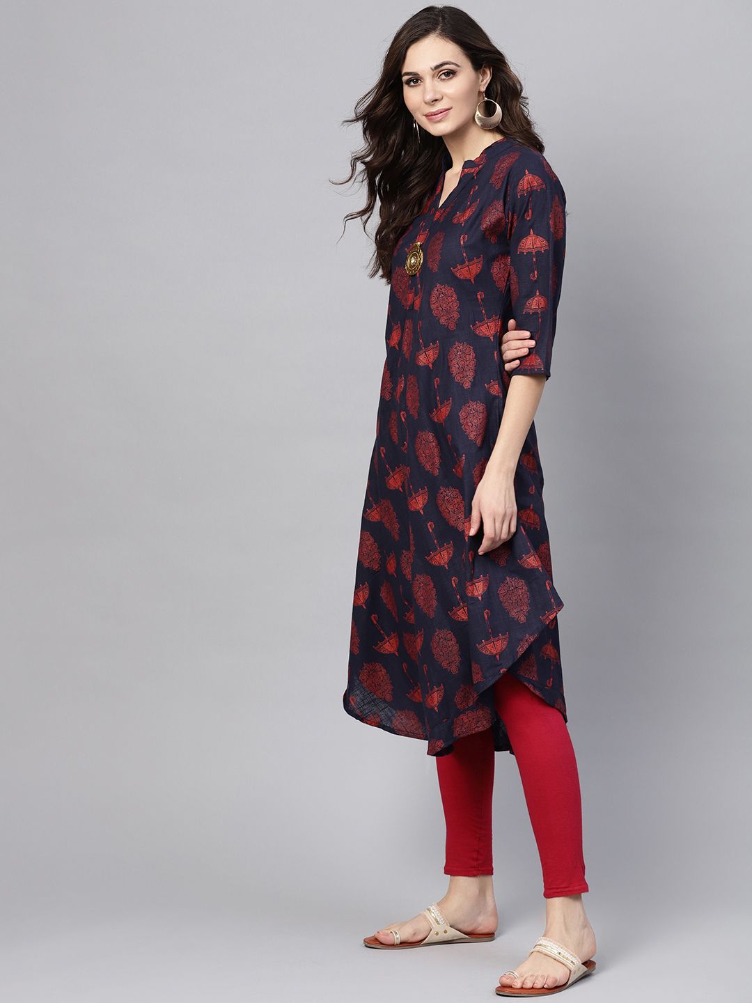 SOJANYA Kurta A-Line Bercetak Biru Laut & Merah Wanita Navy
