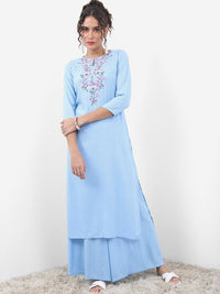 Vishudh Blue Floral Embroidered Keyhole Neck Straight Kurta With Palazzos